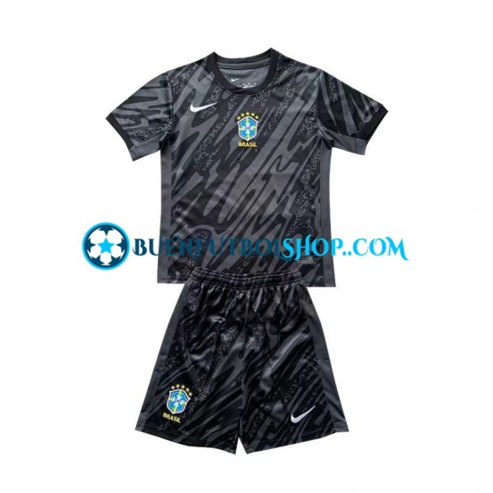 Camiseta de Fútbol Brasil Portero Copa America 2024 Segunda Equipación Negro Manga Corta Niño