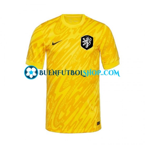 Camiseta de Fútbol Países Bajos Portero Euro 2024 Segunda Equipación Amarillo Manga Corta Hombre