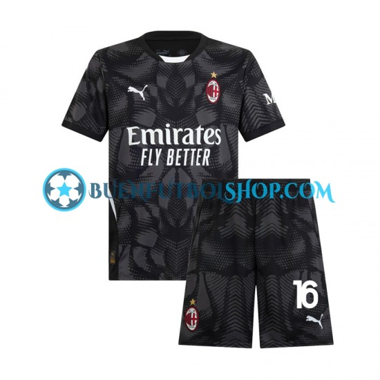 Camiseta de Fútbol AC Milan Portero Mike Maignan 16 2024-2025 Primera Equipación Negro Manga Corta Niño