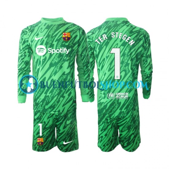 Camiseta de Fútbol FC Barcelona Portero Ter Stegen 1 2024-2025 Primera Equipación Verde Manga Larga Niño