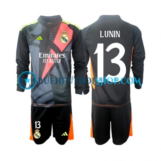 Camiseta de Fútbol Real Madrid Portero Andriy Lunin 13 2024-2025 Segunda Equipación Negro Manga Larga Niño