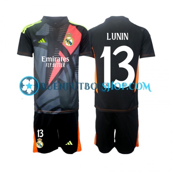 Camiseta de Fútbol Real Madrid Portero Andriy Lunin 13 2024-2025 Segunda Equipación Negro Manga Corta Niño