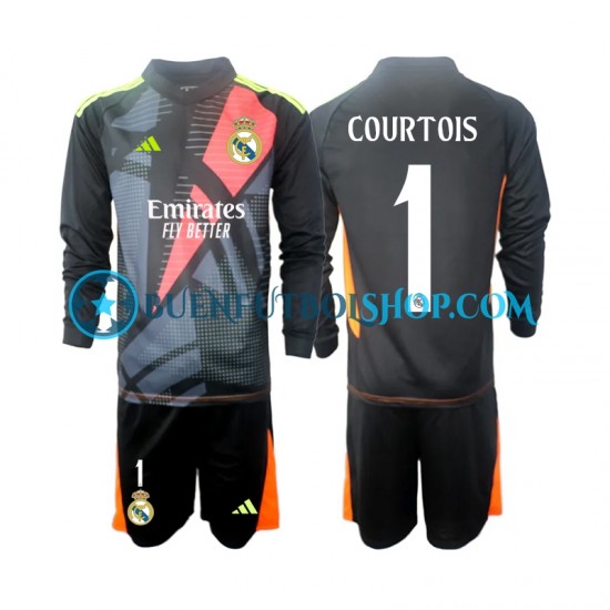 Camiseta de Fútbol Real Madrid Portero Thibaut Courtois 1 2024-2025 Segunda Equipación Negro Manga Larga Niño