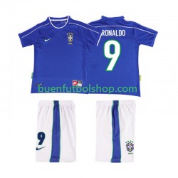 Camiseta de Fútbol Brasil Ronaldo 9 Retro 1998 Segunda Equipación Manga Corta Niño