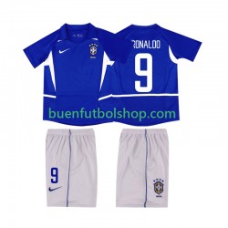 Camiseta de Fútbol Brasil Ronaldo 9 Retro 2002 Segunda Equipación Manga Corta Niño