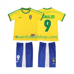 Camiseta de Fútbol Brasil Ronaldo 9 Retro 1998 Primera Equipación Manga Corta Niño
