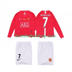 Camiseta de Fútbol Manchester United Ronaldo 7 Retro Premier League 2008 2009 Primera Equipación Manga Larga Niño
