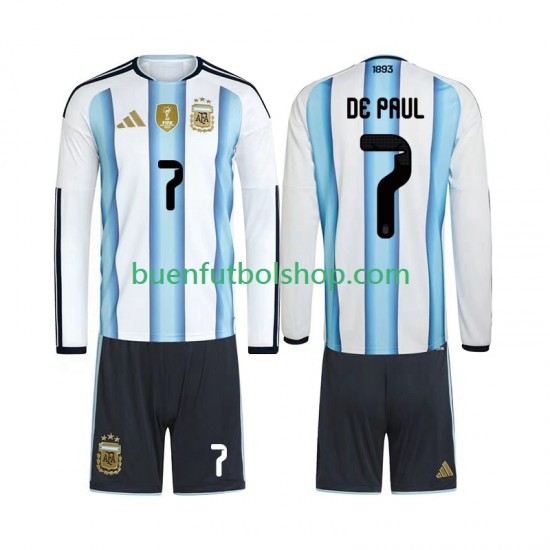 Camiseta de Fútbol Argentina Rodrigo De Paul 7 World Cup 2026 Primera Equipación Manga Larga Niño
