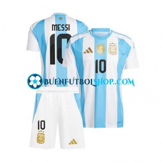 Camiseta de Fútbol Argentina Lionel Messi 10 Copa America 2024 Primera Equipación Azul Blanco Manga Corta Niño