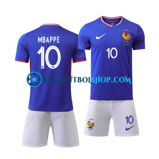 Camiseta de Fútbol Francia Kylian Mbappe 10 Euro 2024 Primera Equipación Azul Manga Corta Niño