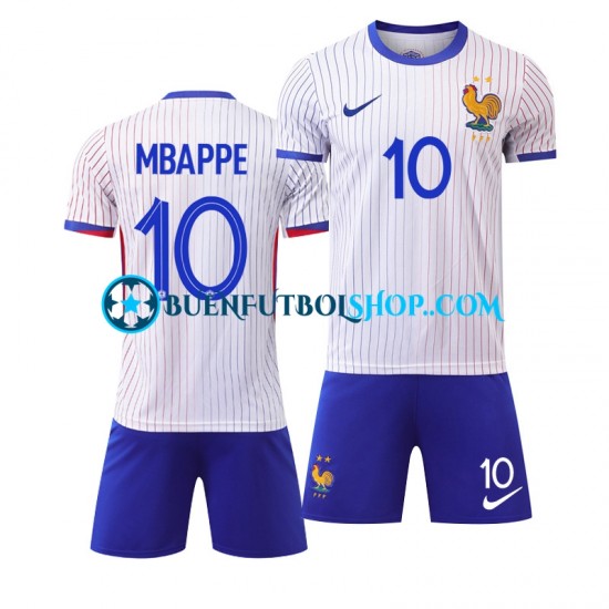 Camiseta de Fútbol Francia Kylian Mbappe 10 Euro 2024 Segunda Equipación Blanco Manga Corta Niño