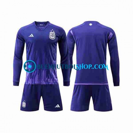 Camiseta de Fútbol Argentina 3 Stars World Cup 2022 Segunda Equipación Manga Larga Niño