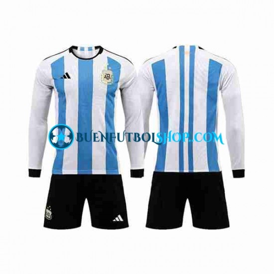 Camiseta de Fútbol Argentina 3 Stars World Cup 2022 Primera Equipación Manga Larga Niño