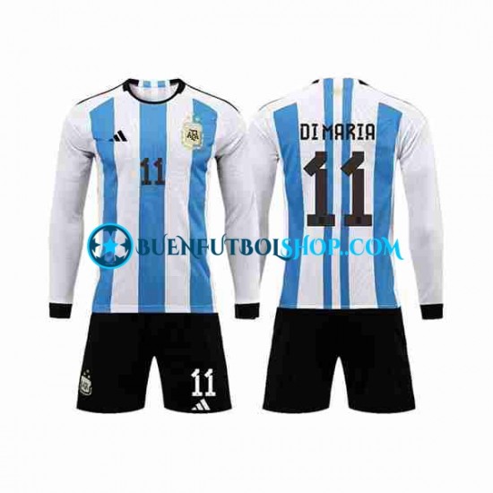 Camiseta de Fútbol Argentina 3 Stars Di Maria 11 World Cup 2022 Primera Equipación Manga Larga Niño