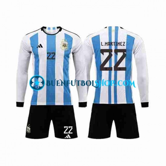 Camiseta de Fútbol Argentina 3 Stars Lautaro Martinez 22 World Cup 2022 Primera Equipación Manga Larga Niño