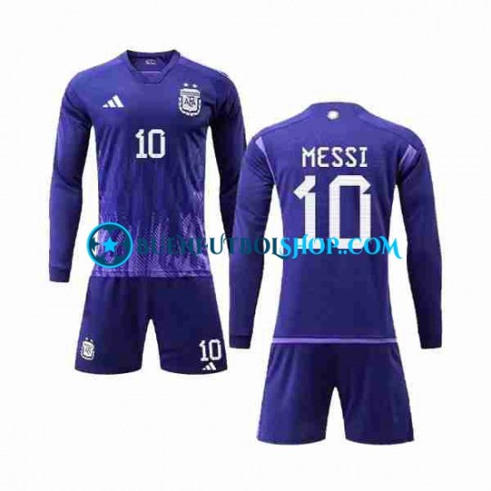 Camiseta de Fútbol Argentina 3 Stars Lionel Messi 10 World Cup 2022 Segunda Equipación Manga Larga Niño