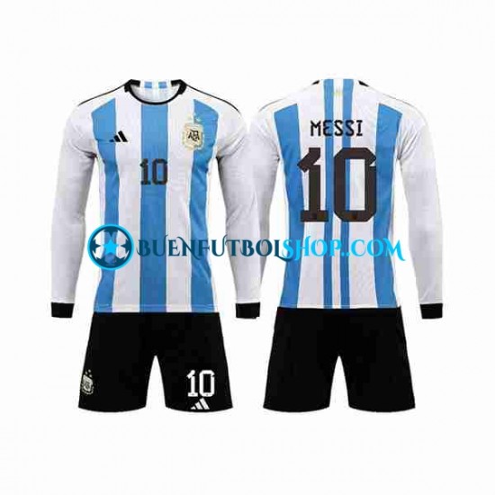 Camiseta de Fútbol Argentina 3 Stars Lionel Messi 10 World Cup 2022 Primera Equipación Manga Larga Niño