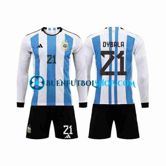 Camiseta de Fútbol Argentina 3 Stars Paulo Dybala 21 World Cup 2022 Primera Equipación Manga Larga Niño