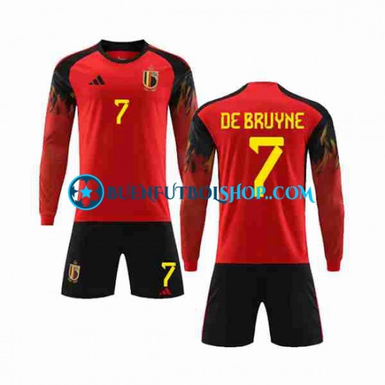 Camiseta de Fútbol Bélgica De Bruyne 7 World Cup 2022 Primera Equipación Manga Larga Niño