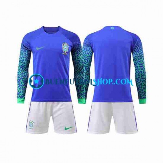 Camiseta de Fútbol Brasil World Cup 2022 Segunda Equipación Manga Larga Niño