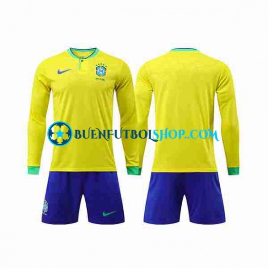 Camiseta de Fútbol Brasil World Cup 2022 Primera Equipación Manga Larga Niño