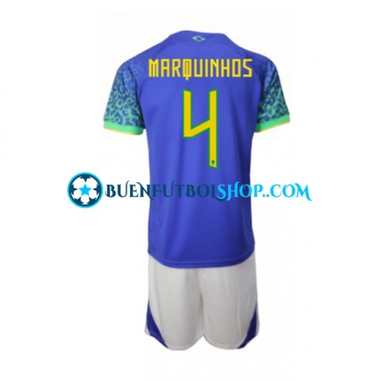 Camiseta de Fútbol Brasil Marquinhos 4 World Cup 2022 Segunda Equipación Manga Corta Niño