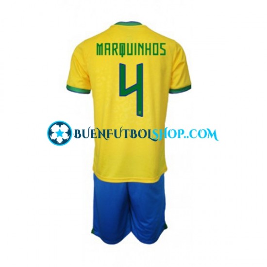 Camiseta de Fútbol Brasil Marquinhos 4 World Cup 2022 Primera Equipación Manga Corta Niño