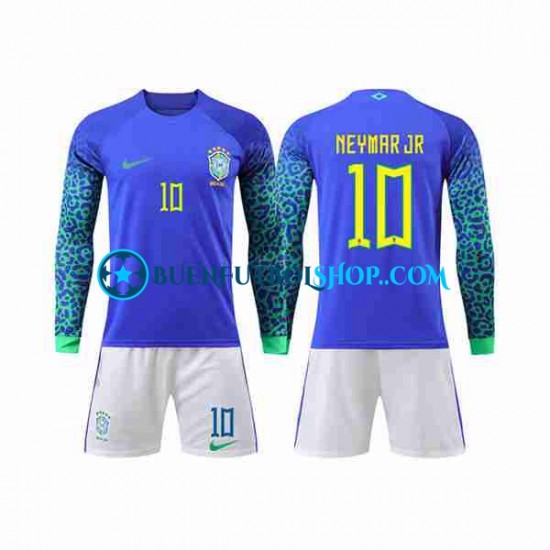 Camiseta de Fútbol Brasil Neymar Jr 10 World Cup 2022 Segunda Equipación Manga Larga Niño