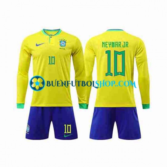 Camiseta de Fútbol Brasil Neymar Jr 10 World Cup 2022 Primera Equipación Manga Larga Niño