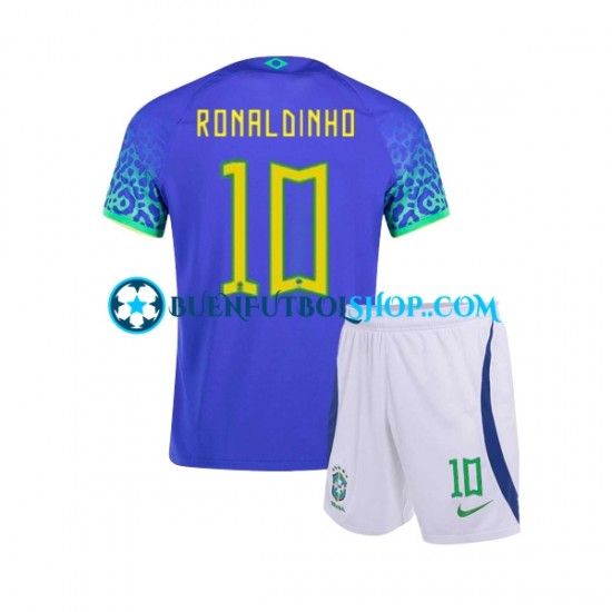 Camiseta de Fútbol Brasil Ronaldinho 10 World Cup 2022 Segunda Equipación Manga Corta Niño