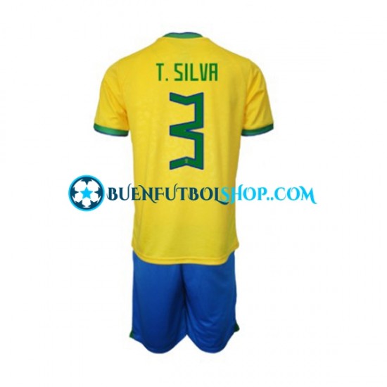 Camiseta de Fútbol Brasil Thiago Silva 3 World Cup 2022 Primera Equipación Manga Corta Niño