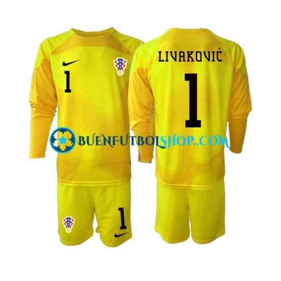 Camiseta de Fútbol Croacia Portero Dominik Livakovic 1 World Cup 2022 Primera Equipación Manga Larga Niño