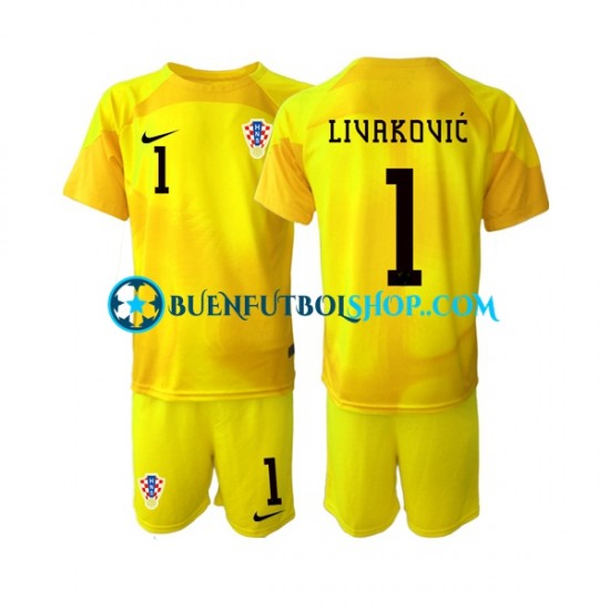 Camiseta de Fútbol Croacia Portero Dominik Livakovic 1 World Cup 2022 Primera Equipación Manga Corta Niño