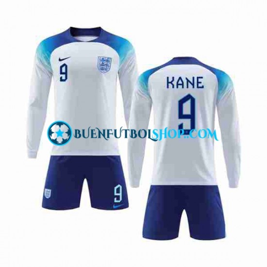 Camiseta de Fútbol Inglaterra Kane 9 World Cup 2022 Primera Equipación Manga Larga Niño