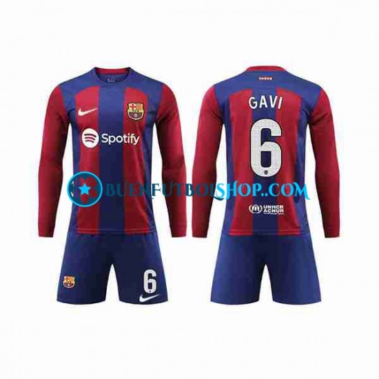 Camiseta de Fútbol FC Barcelona GAVI 6 2023-2024 Primera Equipación Manga Larga Niño