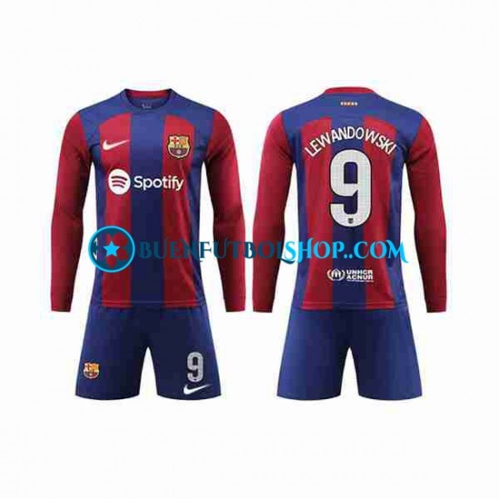 Camiseta de Fútbol FC Barcelona LEWANDOWSKI 9 2023-2024 Primera Equipación Manga Larga Niño