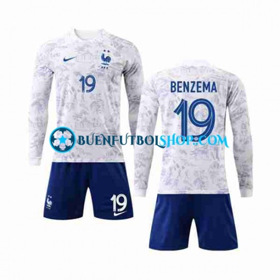 Camiseta de Fútbol Francia Benzema 19 World Cup 2022 Segunda Equipación Manga Larga Niño