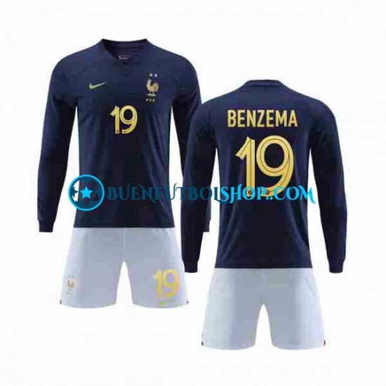 Camiseta de Fútbol Francia Benzema 19 World Cup 2022 Primera Equipación Manga Larga Niño