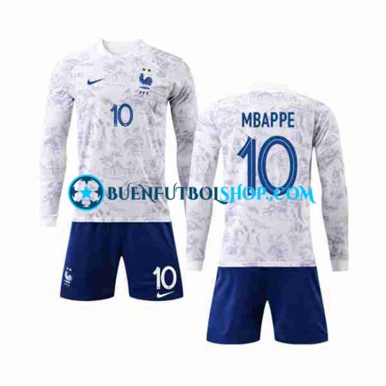 Camiseta de Fútbol Francia Mbappe 10 World Cup 2022 Segunda Equipación Manga Larga Niño