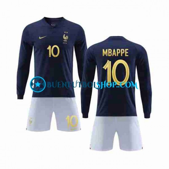 Camiseta de Fútbol Francia Mbappe 10 World Cup 2022 Primera Equipación Manga Larga Niño