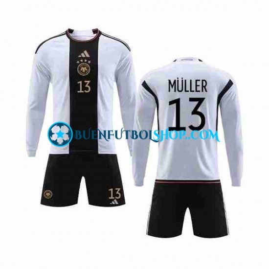 Camiseta de Fútbol Alemania MULLER 13 World Cup 2022 Primera Equipación Manga Larga Niño