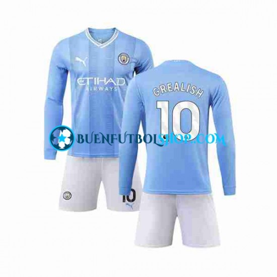 Camiseta de Fútbol Manchester City Grealish 10 2023-2024 Primera Equipación Manga Larga Niño