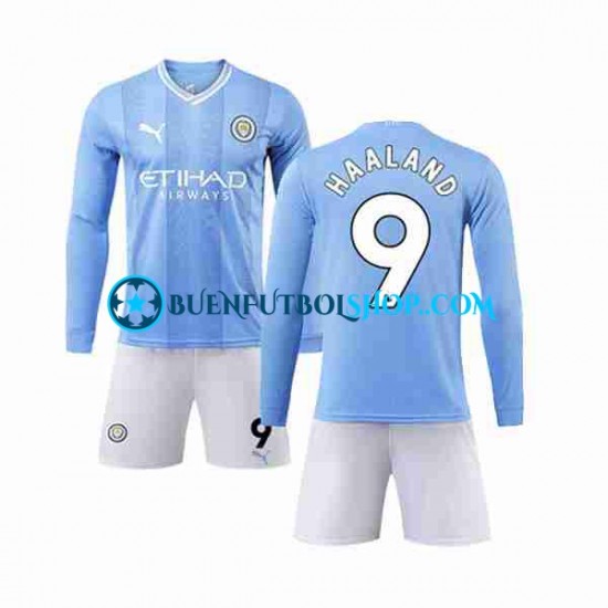 Camiseta de Fútbol Manchester City Haaland 9 2023-2024 Primera Equipación Manga Larga Niño