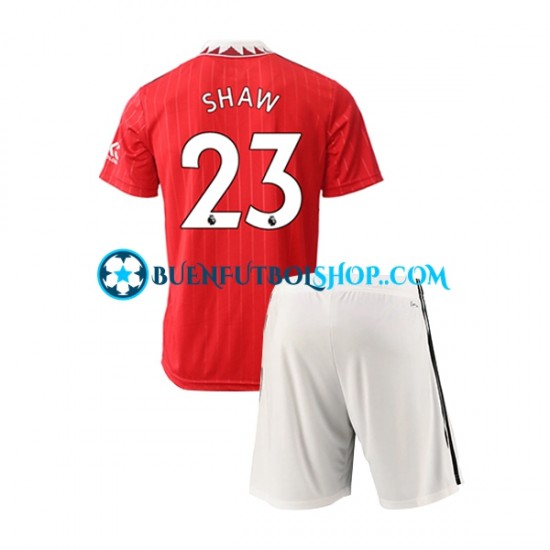 Camiseta de Fútbol Manchester United Luke Shaw 23 2022-2023 Primera Equipación Manga Corta Niño