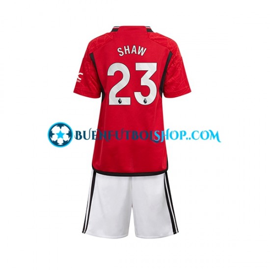 Camiseta de Fútbol Manchester United Luke Shaw 23 2023-2024 Primera Equipación Manga Corta Niño