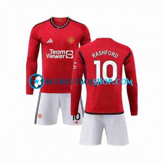 Camiseta de Fútbol Manchester United Marcus Rashford 10 2023-2024 Primera Equipación Manga Larga Niño