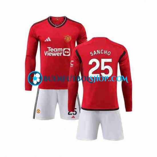 Camiseta de Fútbol Manchester United Sancho 25 2023-2024 Primera Equipación Manga Larga Niño