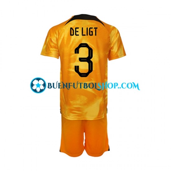 Camiseta de Fútbol Países Bajos Matthijs de Ligt 3 World Cup 2022 Primera Equipación Manga Corta Niño