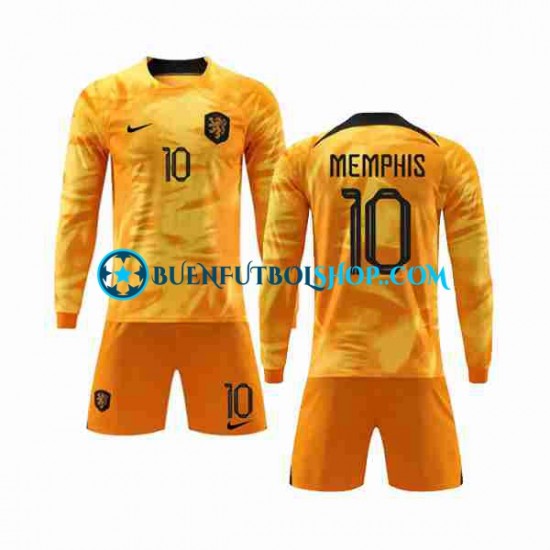 Camiseta de Fútbol Países Bajos Memphis 10 World Cup 2022 Primera Equipación Manga Larga Niño