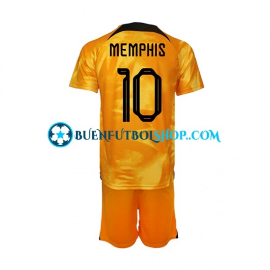 Camiseta de Fútbol Países Bajos Memphis Depay 10 World Cup 2022 Primera Equipación Manga Corta Niño